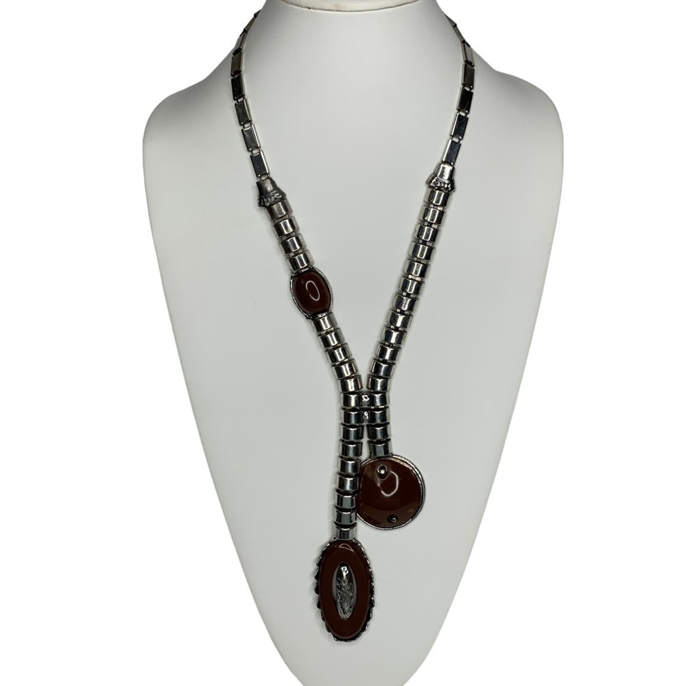 18” Silver Coiled Chain Necklace w/ 2 Hanging Brown Gem Stone Pendants Marked